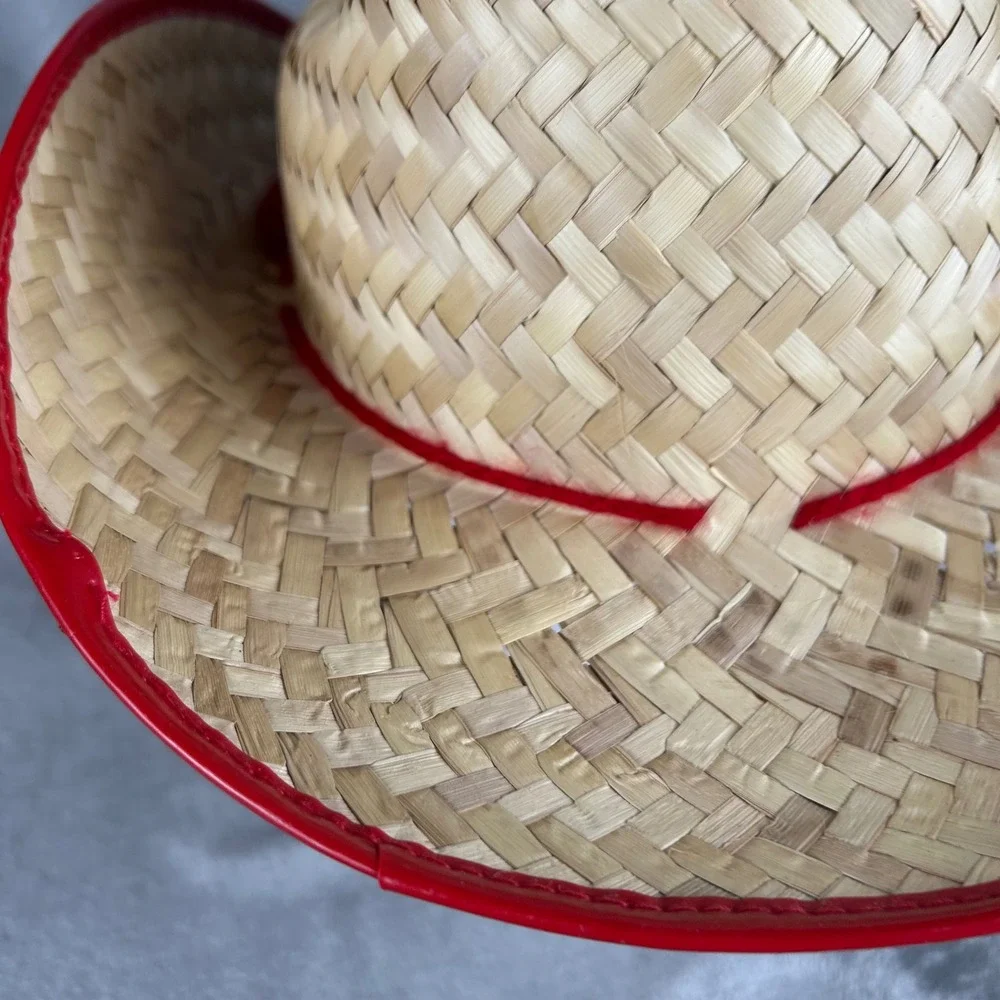 Kids Woven Straw Cowboy Hat Red Trim Western Costume Sheriff Accessory